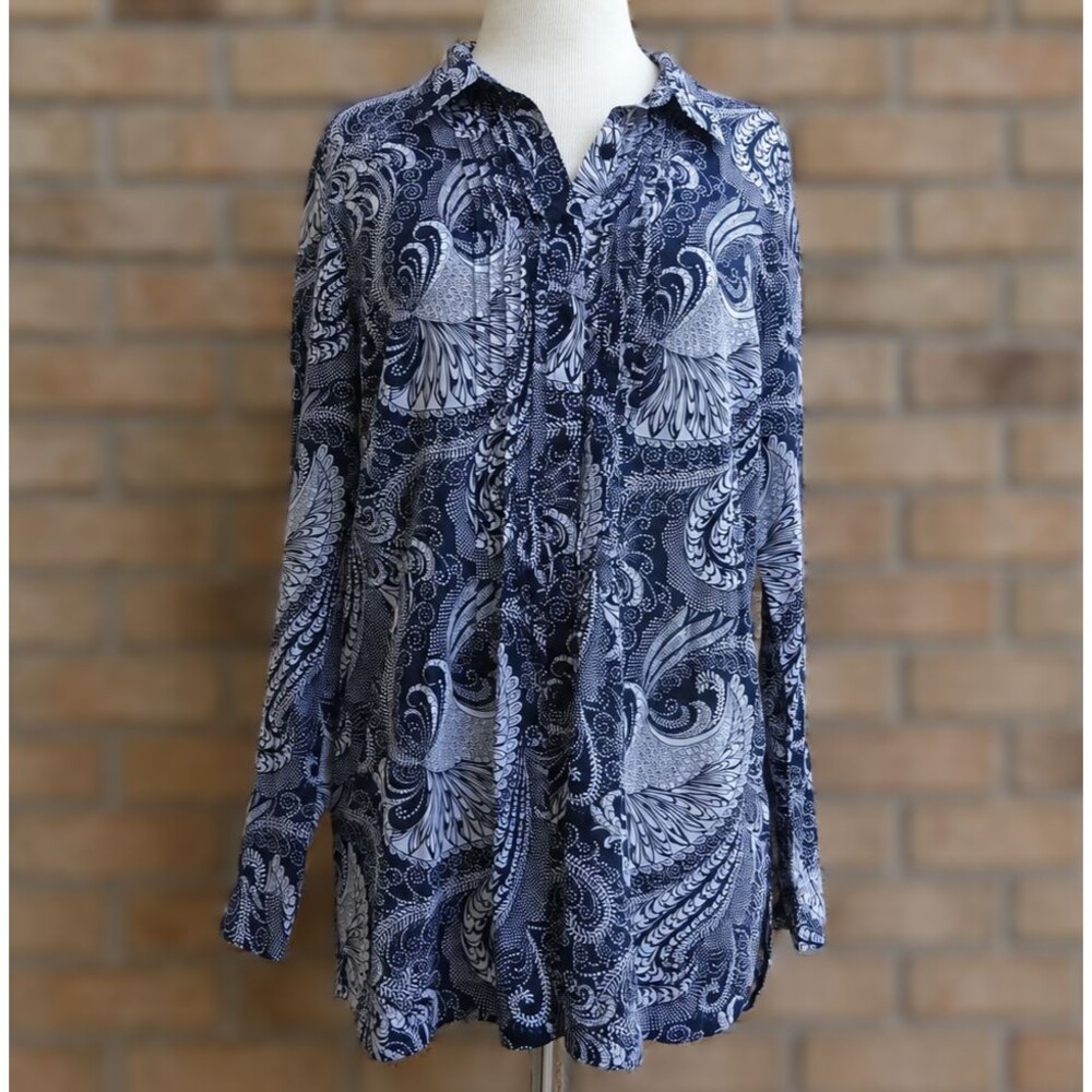 Talbots Blue White Paisley Tunic Blouse - Size L